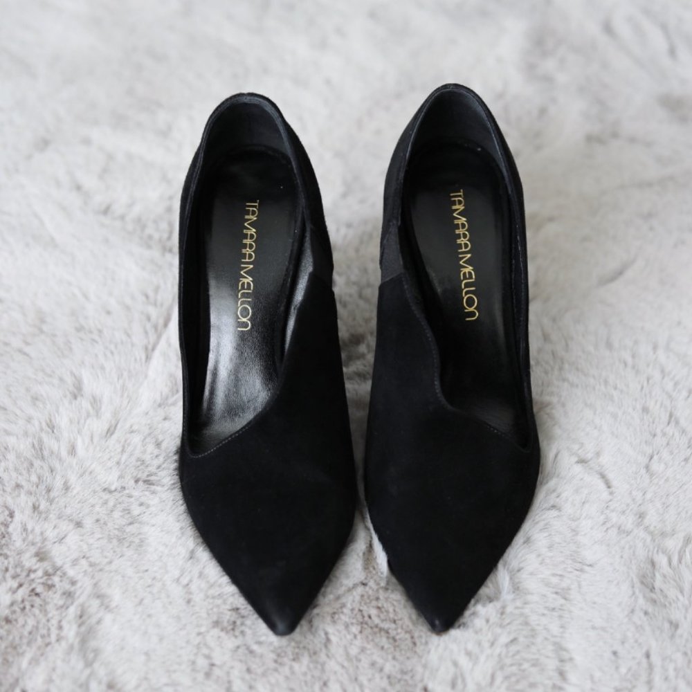 Tamara Mellon Kiss Hard Suede Black Heels SZ 39